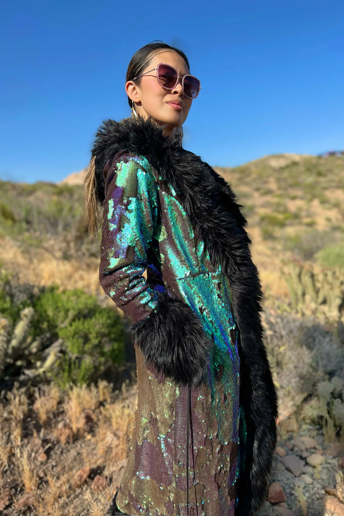 New Women's Faux Fur Coat Sequin Patchwork Coat Reflective And Color-Changing Autumn Winter Windproof Warm Coat