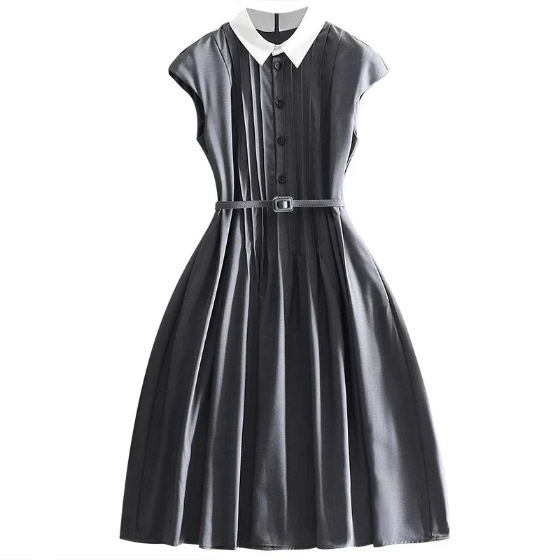 French Style Shirt Dresses Women Belt Turn-Down Collar Simple All-matched Mid Long Skirt Fashion Office Lady A-line Dress
