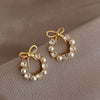 Round Wreath Bow Pearl Stud Earrings Elegant Trend Fashion Korean Women Jewelry Simple Pearl Stud Earrings Small Zircon Ear Clip