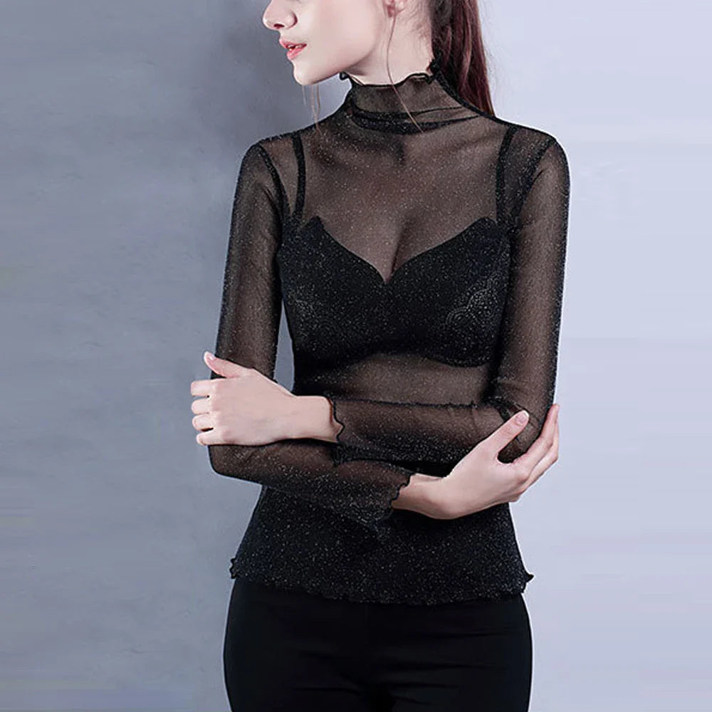 Sexy Women T Shirt See Through Transparent Mesh Tops Long Sleeve Sheer Slim Ladies Turtleneck Bright T-Shirt Lace Crop Top S-2XL