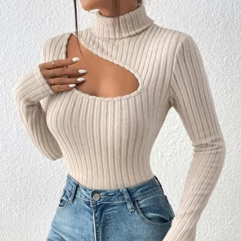 2024 New Slim Fit Long Sleeved T-shirt for Women Spring Autumn Sexy Hollowing Out Turtleneck Leisure Top Ladies Clothes Wear Top