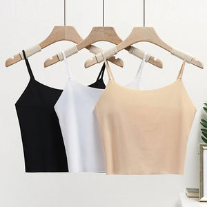 Women Ice Silk Seamless Crop Tops Girls Simple Solid Color Spaghetti Strap Camisole Basic Sleeveless Stretch Sport Vest Tank Top