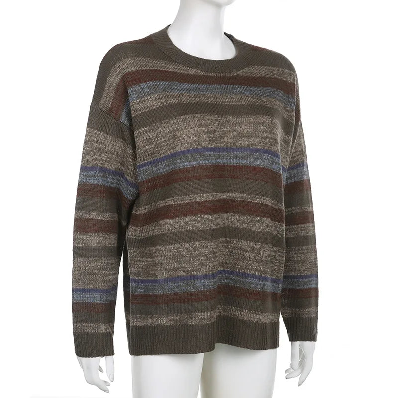 Imcute Women Y2K Argyle Striped Pullover Sweater Casual Long Sleeve Round Neck Vintage Preppy Style Pullover Knitwear(