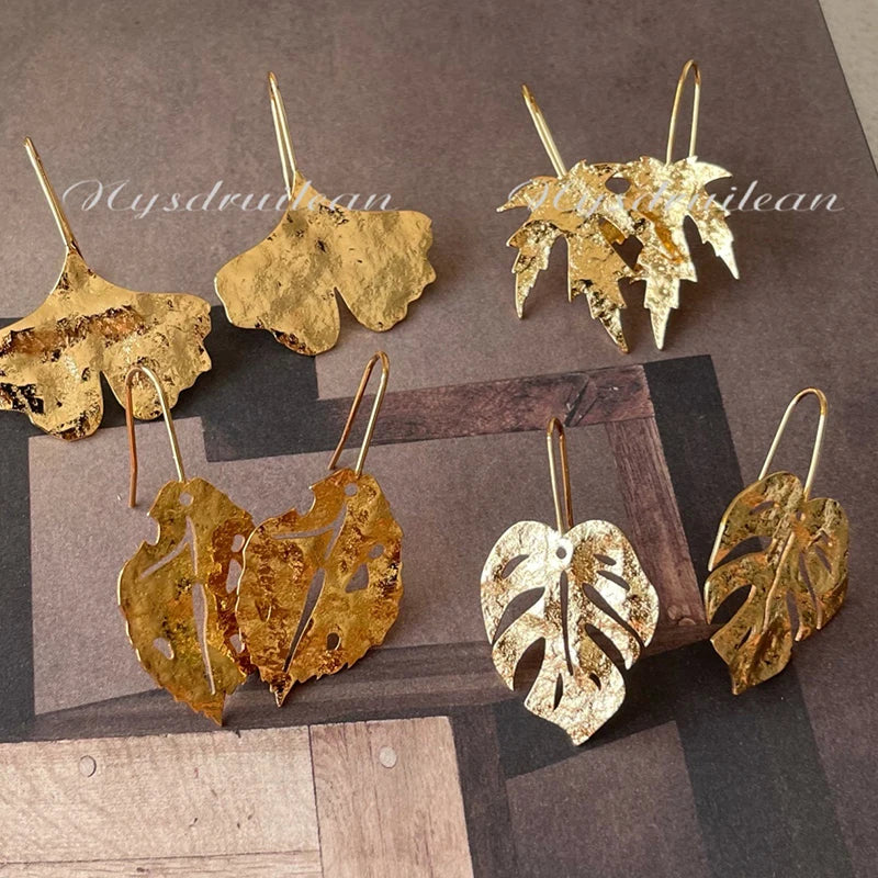 Earrings for Women Leaf Monstera Jewelry Gold Plated Bijouterie Female Leaves Gift Piercing