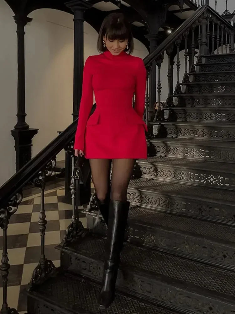 Fashion Long Sleeve Half Turtleneck Dress Women Casual Autumn Spring Solid Sweet Hip Package Skirts Female 2024 New Party Dress