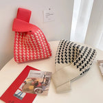 Load image into Gallery viewer, Handmade Knit Handbag Women Mini Knot Wrist-bag Female Casual Color Wide Stripe Plaid Tote Bag Student Reusable Shopping Bag