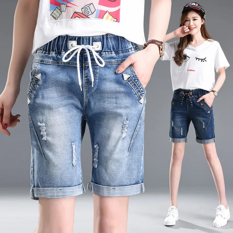 Summer Cuffs Ripped Jeans Woman Elastic Waist Lace Up Shorts With Holes Femme Plus Size Casual Harem Pants Mujer Korean Style