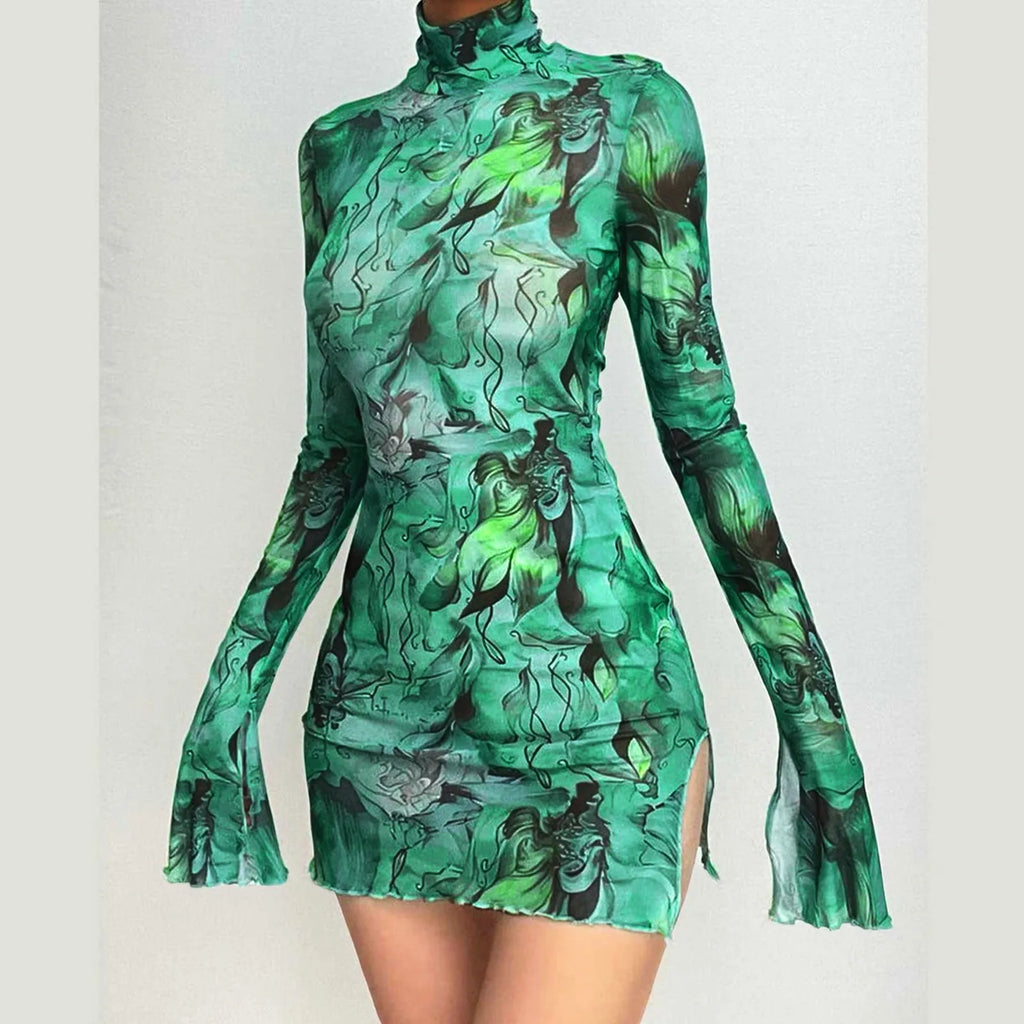 Women'S Dresses Free Shipping Ladies Mesh Printed Round Neck Bell Sleeve Side Open Hip Dress Sexy Stretch Slim Mini Skirt Y2k