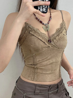 Lace V-Neck Camisoles Summer Women Retro Sexy Cropped Tanks Y2K Aesthetic Sleeveless Khaki Cute Skinny Vest Tee 2000s