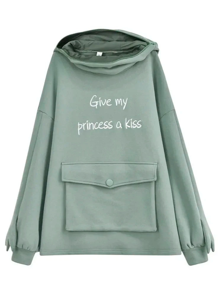 Winter Women Hoodie Frog Pullover Harajuku Hooded Casual Sweatshirts Embroidery Loose Top Doll Decoration Zip Up Hoodies худи