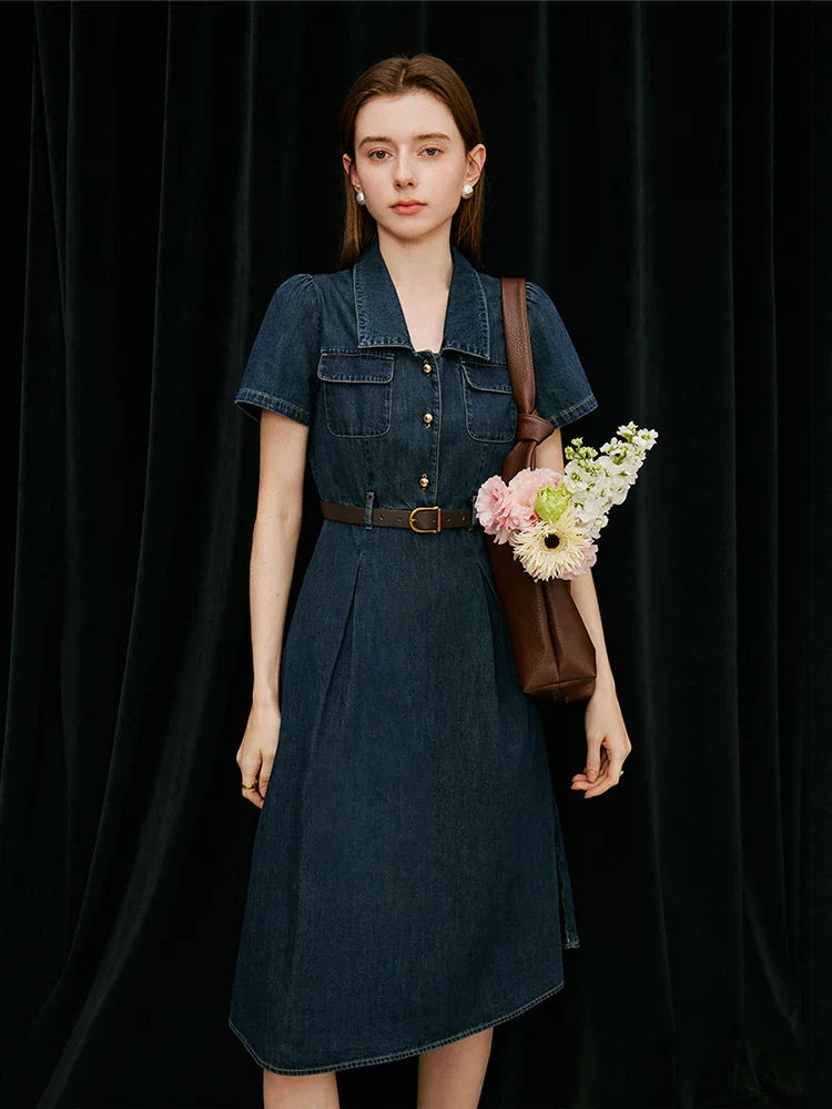 FSLE French Temperament Elegant Retro Denim Dress For Women 2024 Summer New Design High Waist Versatile Long Dress  24FS12236