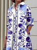 Yeezzi Women Elegant Chic Floral Printed Lapel Party Evening Dress 2023 New Spring Autumn Long Sleeves Vintage Midi Dresses