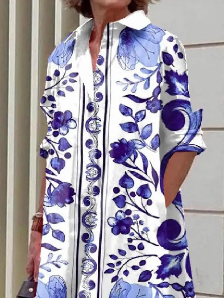 Yeezzi Women Elegant Chic Floral Printed Lapel Party Evening Dress 2023 New Spring Autumn Long Sleeves Vintage Midi Dresses
