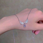 Load image into Gallery viewer, Silver Color Inlaid Zircon Angel Wings Pendant Necklace For Women Girls Clavicle Chain Moonstone Pendant Choker Necklace Gifts