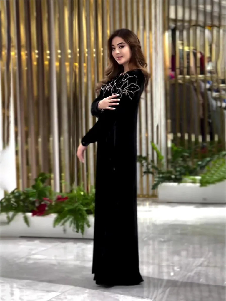 Eid Muslim Party Dress for Women Abaya Spring Velvet Diamond Dresses Ramadan Belt Vestidos Largos Dubai Robe Jalabiya 2024