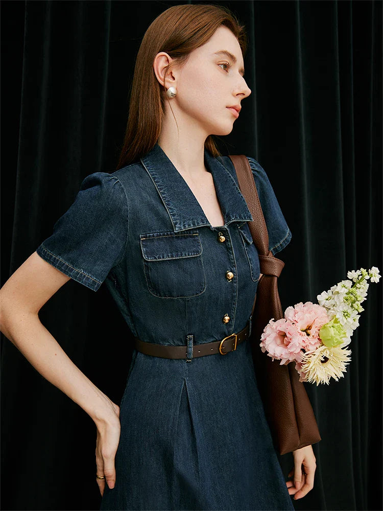 FSLE French Temperament Elegant Retro Denim Dress For Women 2024 Summer New Design High Waist Versatile Long Dress  24FS12236