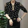 Autumn Turn-down Collar Chic Diamonds Women's Clothing Sexy Gauze Lace Shirt Commute Polka Dot Stylish Sequined Blouse