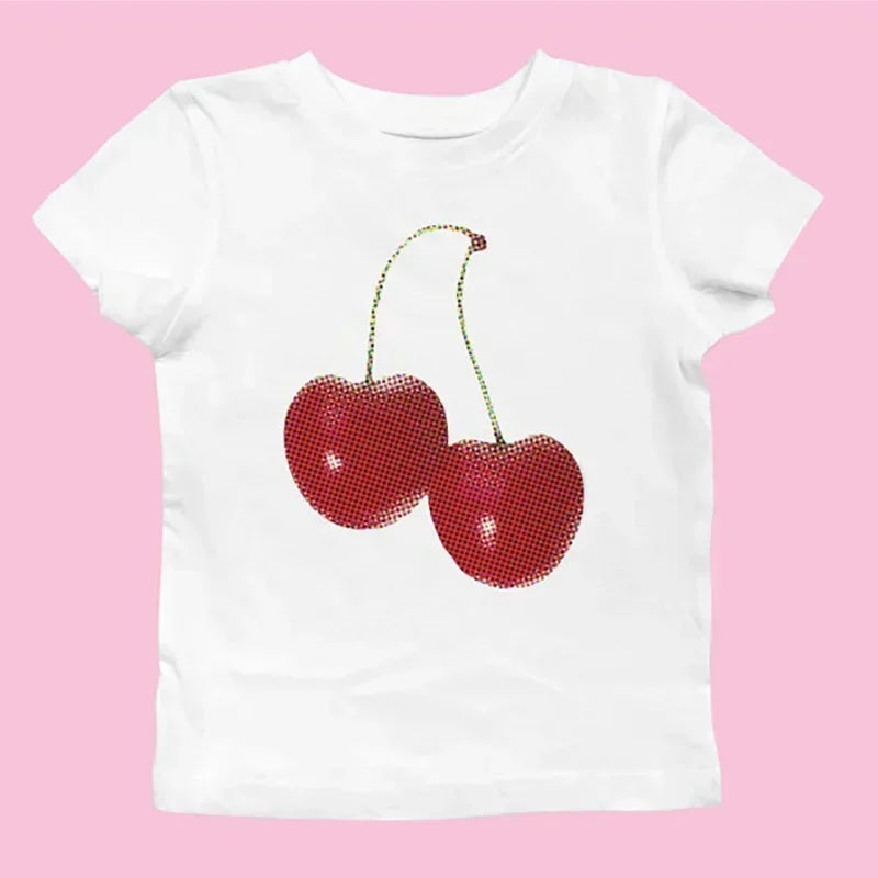 Aesthetic Summer Baby Tee Streetwear Goth Harajuku Letter Graphic Cherry Print T-shirt Vintage Crop Tops Women 2000s Y2K Clothes