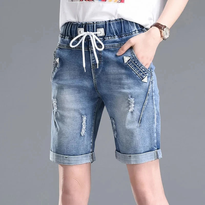 Summer Cuffs Ripped Jeans Woman Elastic Waist Lace Up Shorts With Holes Femme Plus Size Casual Harem Pants Mujer Korean Style
