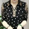 Autumn Turn-down Collar Chic Diamonds Women's Clothing Sexy Gauze Lace Shirt Commute Polka Dot Stylish Sequined Blouse