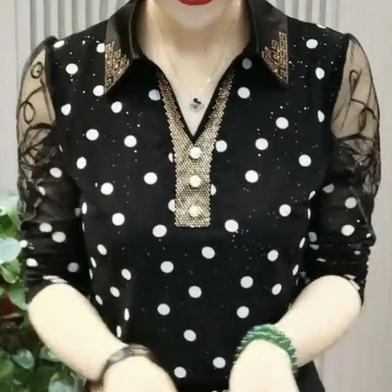 Autumn Turn-down Collar Chic Diamonds Women's Clothing Sexy Gauze Lace Shirt Commute Polka Dot Stylish Sequined Blouse