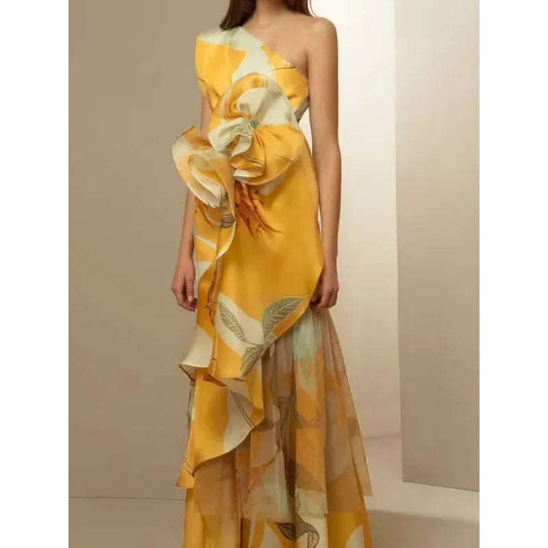 2024 Summer New French Retro High Millet Temperament Waist-Controlled Casual Printing Sloping Shoulder Dress