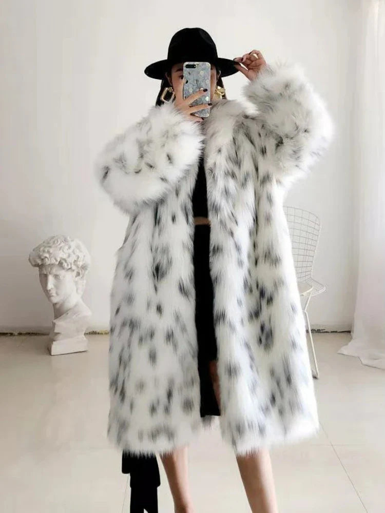 Thick Leopard Women Winter Maxi Faux Fox Fur Coat Jacket Long Warm Luxury Fur Black Parkas Bontjas Furry Shaggy Outerwear
