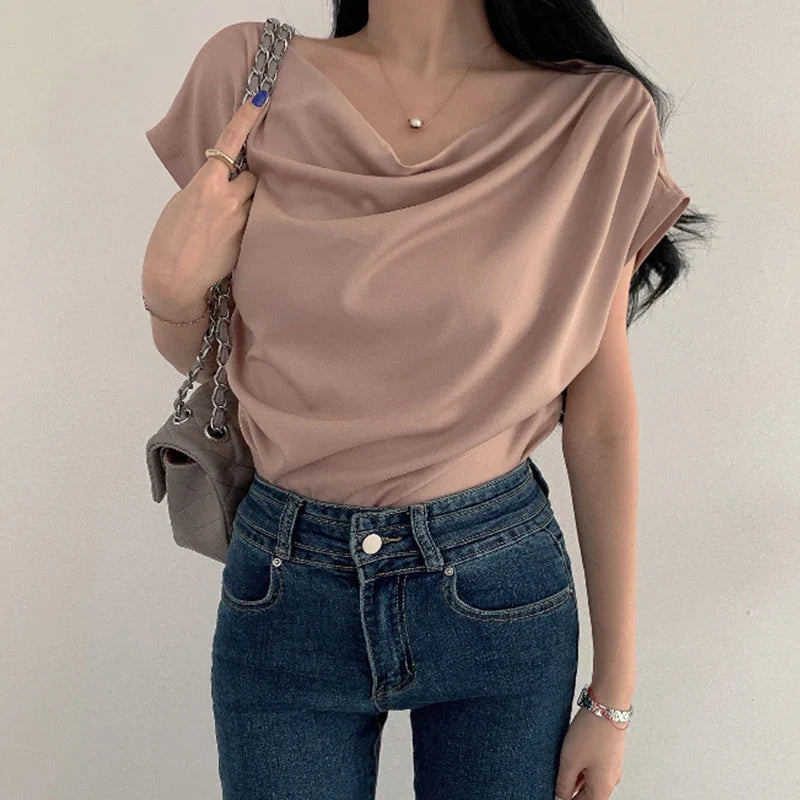 Temperament Off Shoulder Design Versatile Short Sleeve Pile Up Collar Shirt Slash Crop Top Blusas Mujer De Moda 2024 Slim Shirts