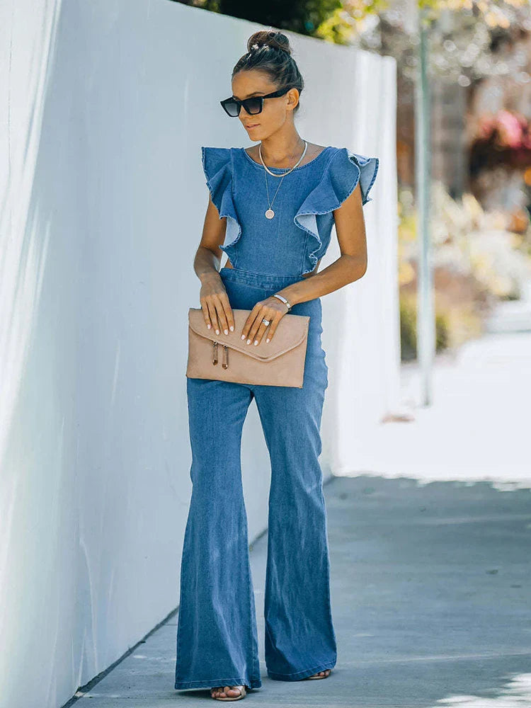 Fitshinling Ruffles Fashion Long Jumpsuit Wide Leg Romper Streetwear Cut Out Backless Jean Overalls For Women Summer Playsuits