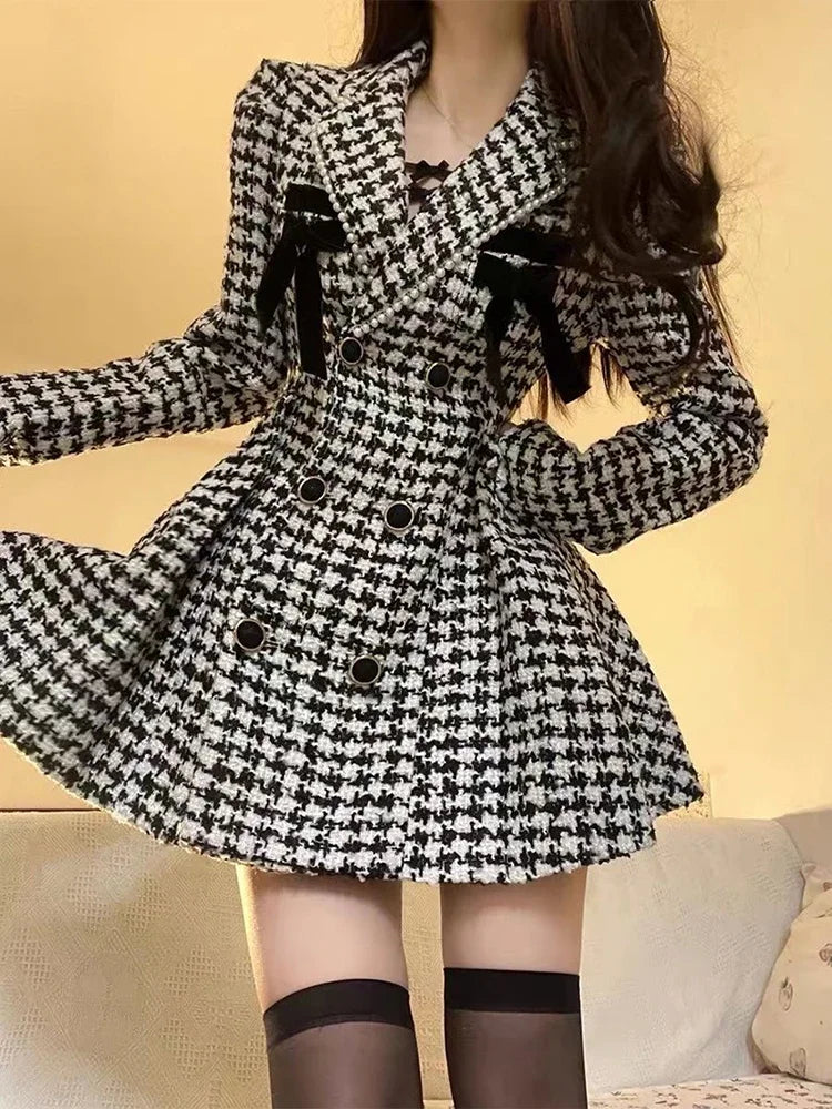 Plaid Vintage Kawaii Dress Women Patchwork Elegant Party Mini Dress Female Korean Fashion Y2k One Piece Dress 2023 Autumn Winter