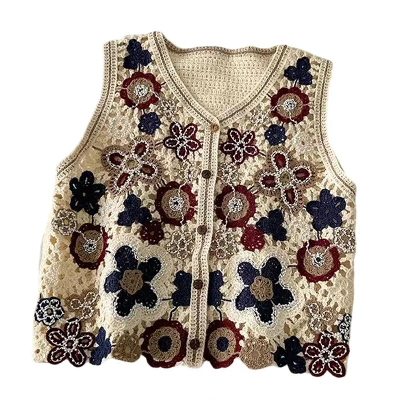 Women Hollow Crochet Knit Vest Waistcoat Beaded Floral Button Crop Cardigan Top