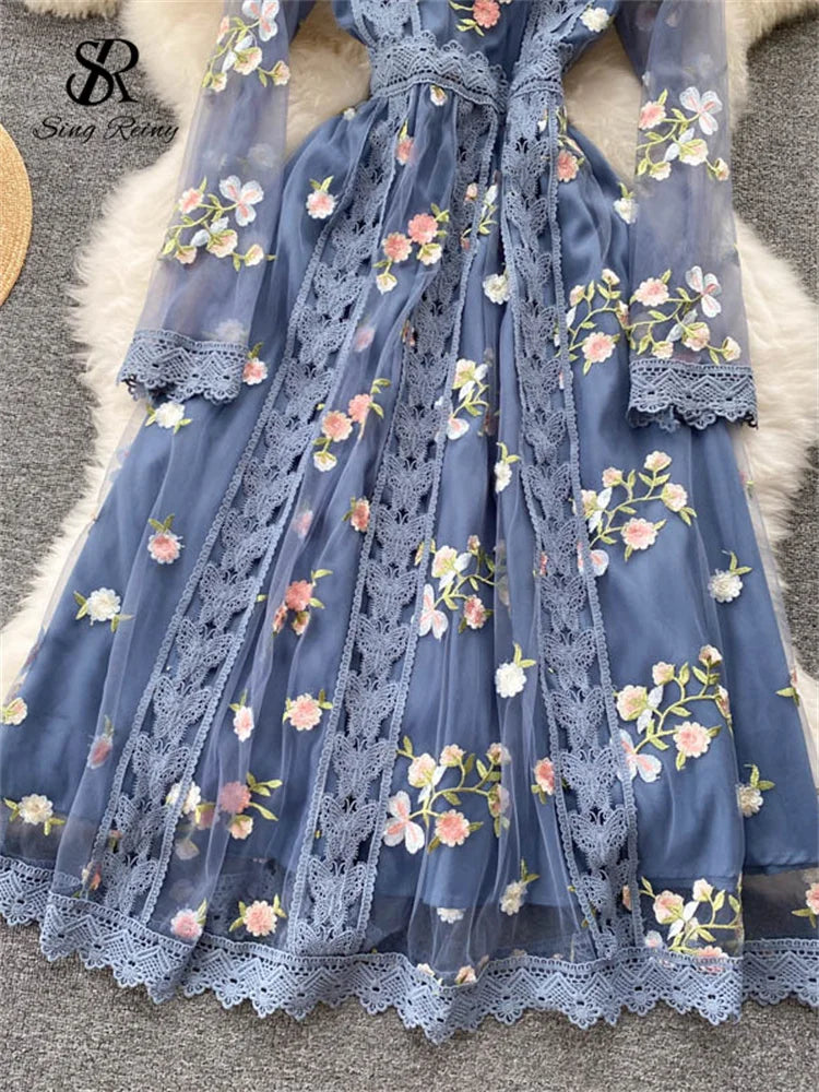 SINGREINY Autumn Gauze Sweet Party Dress Women Embroidery Long Sleeve A Line Female Fashion Streetwear Long Print Evening Dress