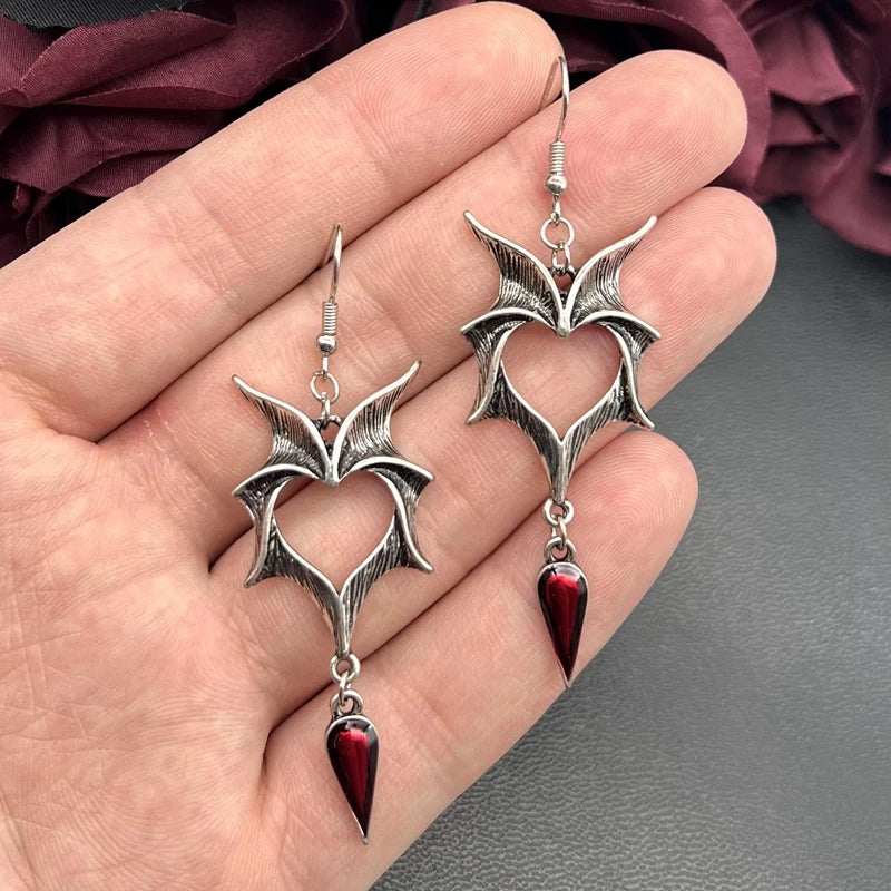 Vintage Punk Bat Heart shaped Earrings for Women Hip Hop Red Stone Pendant Personalized Earrings for Women's Party Jewelry
