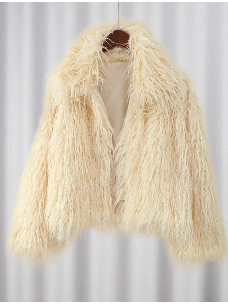 2024 Winter New Fashion Solid Fluffy Fur Coat Women High Street Luxury Lapel Collar Faux Fur Jacket Female Casual Overcoats
