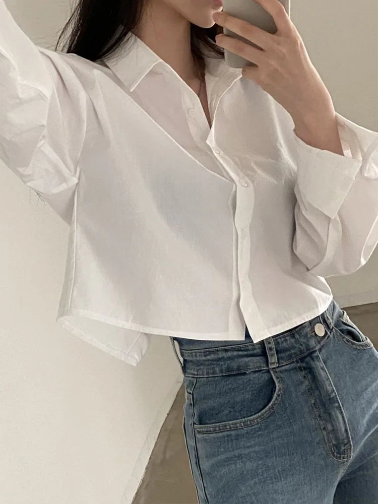 Zoki Sexy Back Split White Shirt Women Korean Long Sleeve Cropped Tops Casual All Match Buttons Turn Down Collar Female Blouse