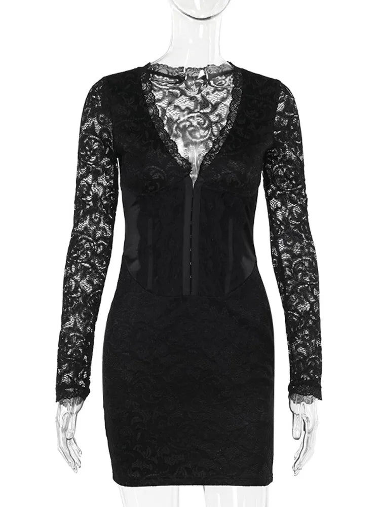 Mozision Elegant Lace Sexy Mini Dress For Women Fashion Autumn New Deep V Neck Long Sleeve Bodycon Club Party Dress Clubwear