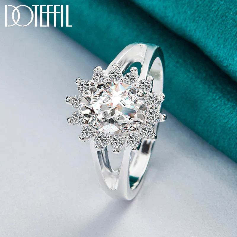 DOTEFFIL 925 Sterling Silver Crystal AAA Zircon Sun Ring For Women Fashion Wedding Engagement Party Gift Charm Jewelry