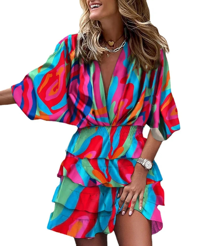 Print  Cross-border independent station fashion classic explosive autumn bat sleeve V-neck hemline irregular dress women's dress