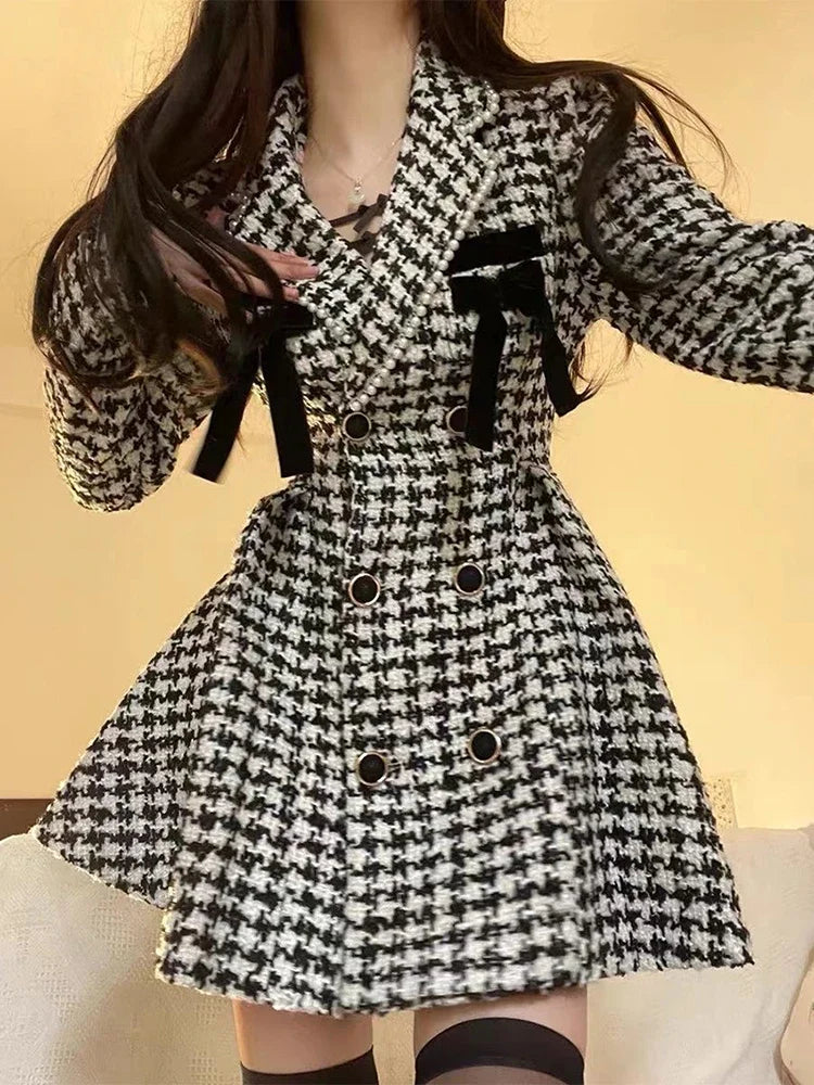 Plaid Vintage Kawaii Dress Women Patchwork Elegant Party Mini Dress Female Korean Fashion Y2k One Piece Dress 2023 Autumn Winter