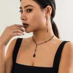 Load image into Gallery viewer, KunJoe Gothic Black Crystal Pendant Earrings Necklace Set for Women Vintage Punk Metal Chain Jewelry Set Party Gifts