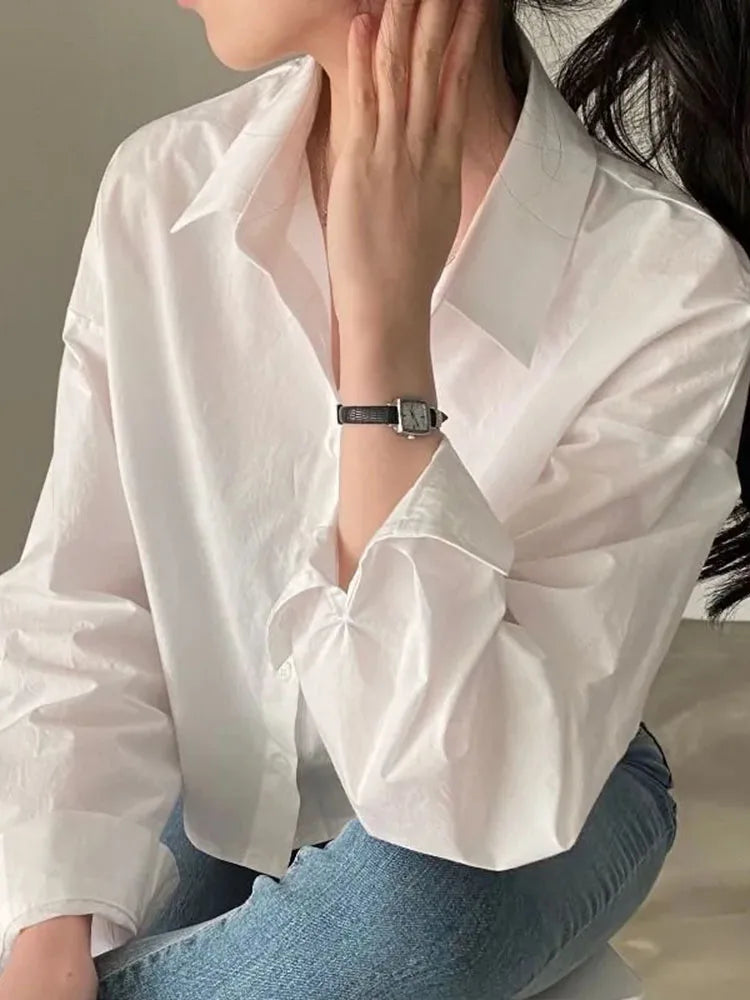 Zoki Sexy Back Split White Shirt Women Korean Long Sleeve Cropped Tops Casual All Match Buttons Turn Down Collar Female Blouse