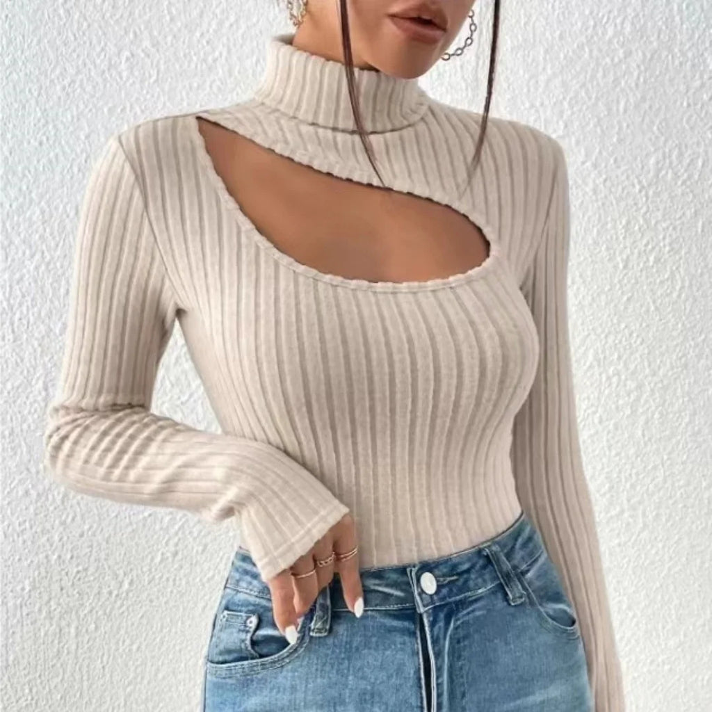 2024 New Slim Fit Long Sleeved T-shirt for Women Spring Autumn Sexy Hollowing Out Turtleneck Leisure Top Ladies Clothes Wear Top