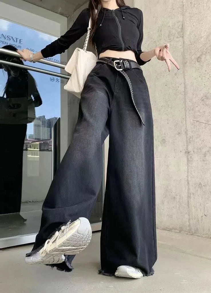 Hot Girl Baggy Woman Pants Y2k Street vintage Washed To Make Old Jeans Straight Wide-Leg Denim Black Gothic Pants For Women