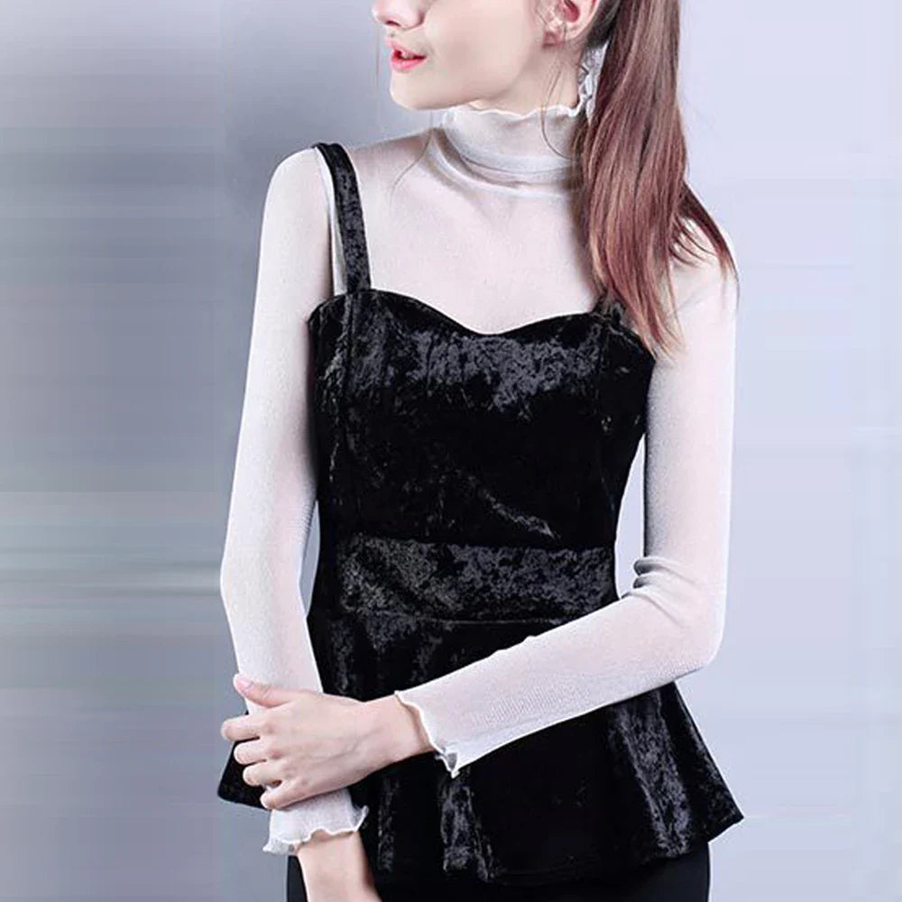 Sexy Women T Shirt See Through Transparent Mesh Tops Long Sleeve Sheer Slim Ladies Turtleneck Bright T-Shirt Lace Crop Top S-2XL