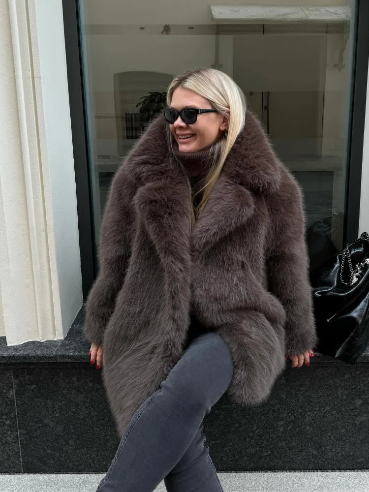Autumn Winter Thick Warm Women Faux Fur Coat Turn-down Collar Long Sleeve Coats Casual High Quality Fluffy Jacket Outwear