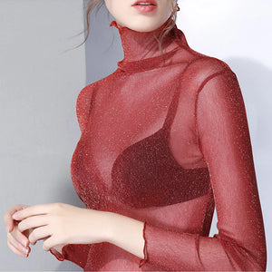 Sexy Women T Shirt See Through Transparent Mesh Tops Long Sleeve Sheer Slim Ladies Turtleneck Bright T-Shirt Lace Crop Top S-2XL