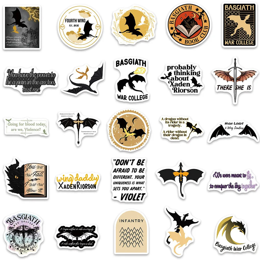 10/50/100pcs Fantasy Dragons Fourth Wing Book Stickers Aesthetic Decals DIY Stationery Notebook Phone Luggage Waterproof Sticker