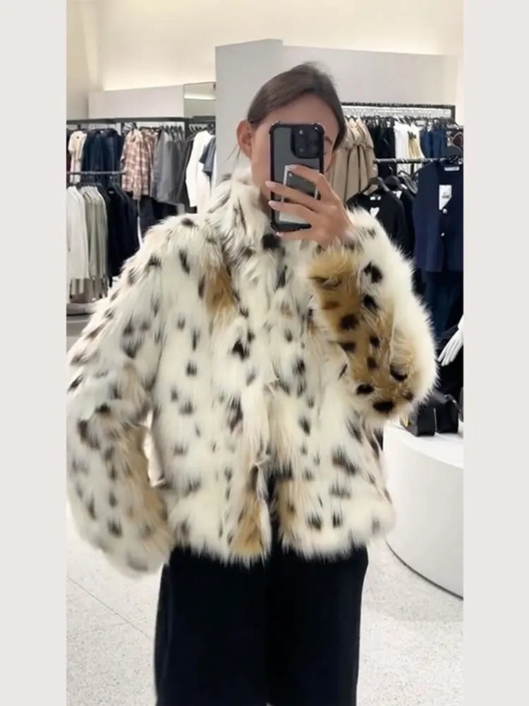 Fashion Printed Women Fluffy Faux Fur Coats Elegant Stand Collar Long Sleeve Short Jackets Winter Lady High Street Warm Outwear