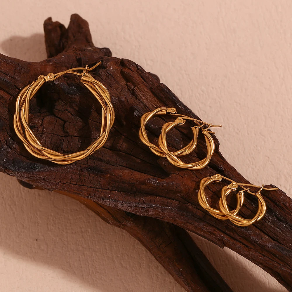 E.B.belle Thin Twists Ring Hoop Earrings Water Resistant 316L Stainless Steel Women's Earrings 18K Gold Plated Jewelry