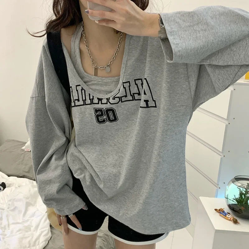 Y2k Baggy Halter Two Piece Sweatshirt Women Letter Print Loose Aesthetic Hoodies Women Retro Fashion Casual Streetwear Tops 2024